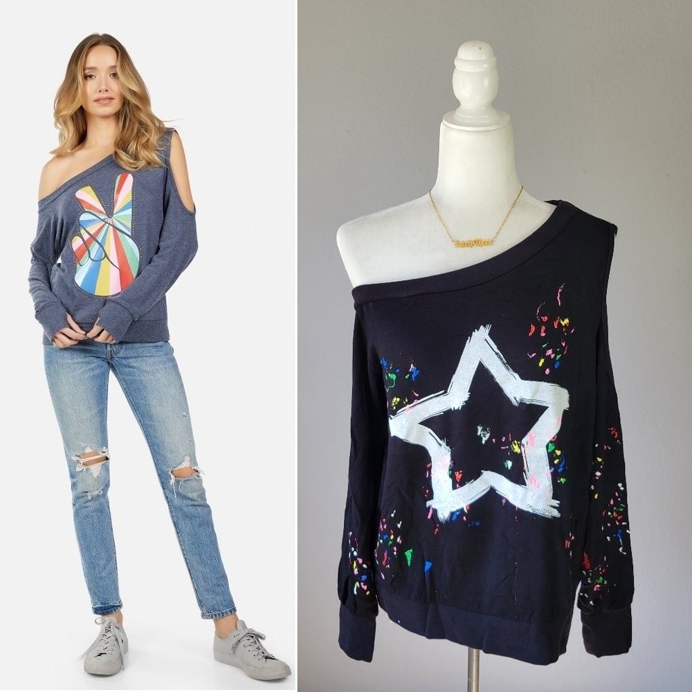 LAUREN MOSHI // trinidy paint splatter asymmetric cold off shoulder pullover